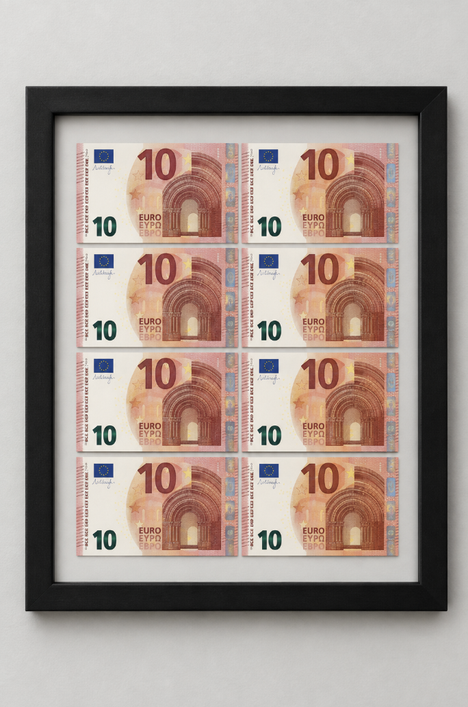 Gerahmtes Bild mit acht 10-Euro-Scheinen.